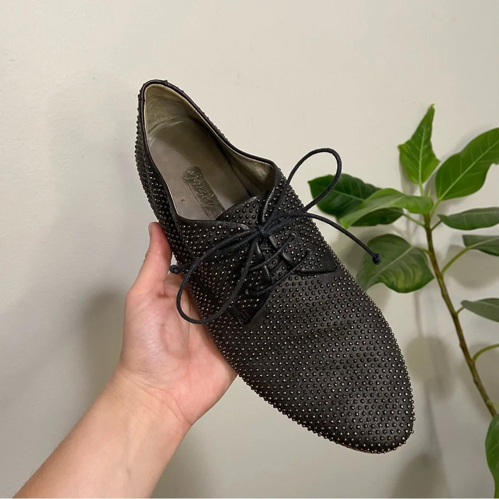 Marsell Black Leather Silver Studded Oxford Loafer Shoes